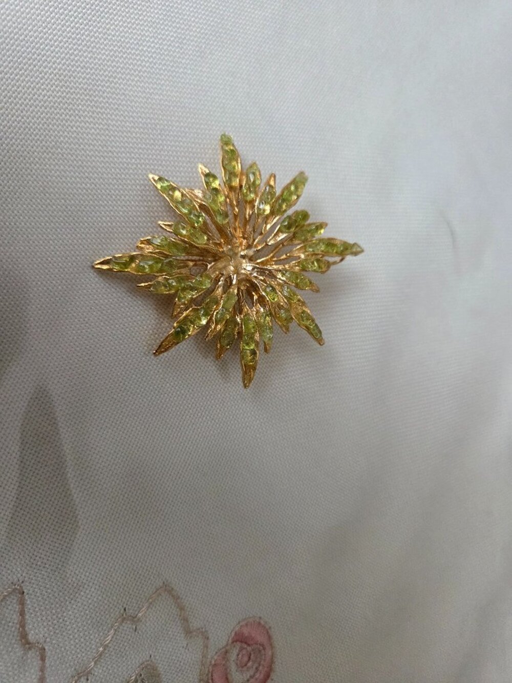 Vintage Gold Tone and Green Rhinestone Brooch